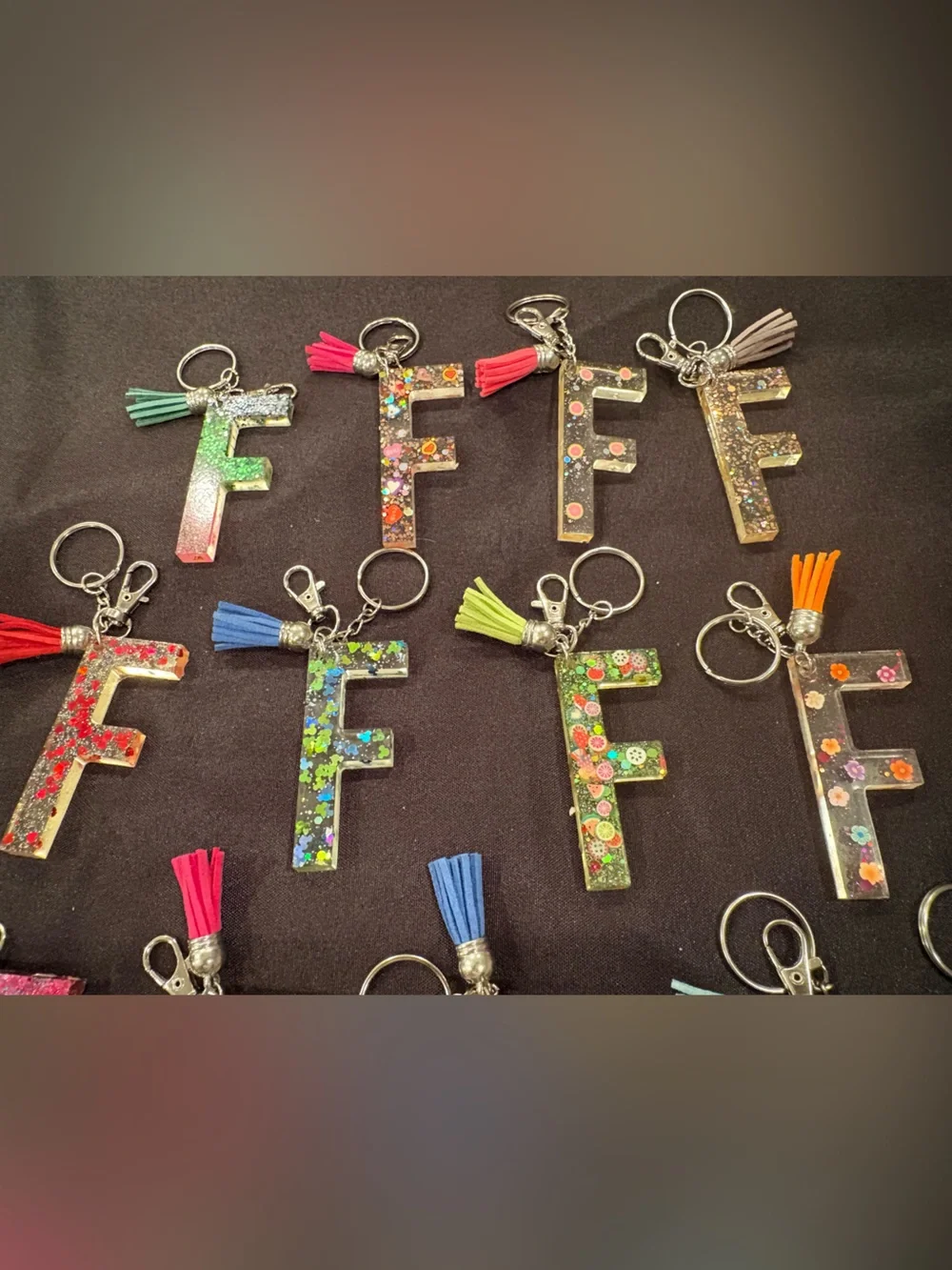 Letter F Glitter Resin Keychain with Tassel